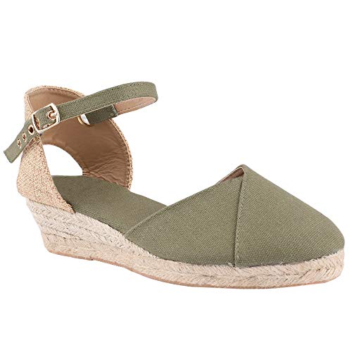 PiePieBuy Womens Espadrille Wedges Ankle Strap Closed Toe Heeled Sandals (10 B(M) US, 3-Army Green)