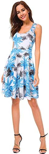 Women's Floral Print Scoop Neck Casual Work Stretch Swing Midi A Line Dresses (Long Sleeve & 3/4 Sleeve & Sleeveless)