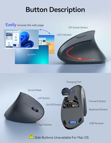 Ergonomic Mouse, Vertical Mouse Wireless Mouse 6 Buttons Optical Carpal Tunnel Mouse, 5 Adjustment Levels, Up to 4800DPI Silent Click Mouse Office Mouse for Laptop, Desktop, Carpal Tunnel Relief