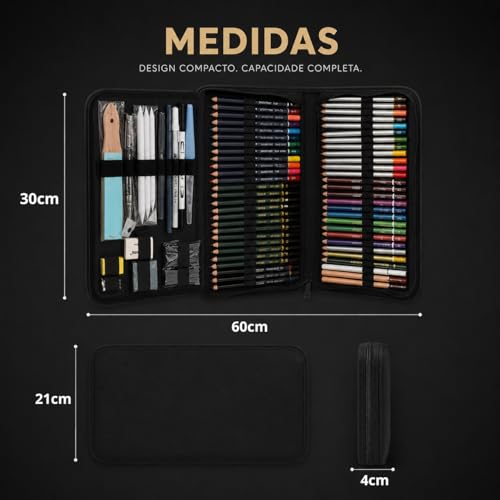 Kit Lapis de Desenho Profissional 75 Peças com Estojo Portátil, Lapis de Cor e Grafite Profissional, Sketchbook, Borrachas, Estilete e Acessórios para Artistas e Estudantes Linha Super Premium