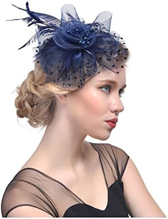 Crafts Rooster Tails Fascinator Feather Wedding Party Hair Clip Bridal Pillbox Hat (Navy Blue)