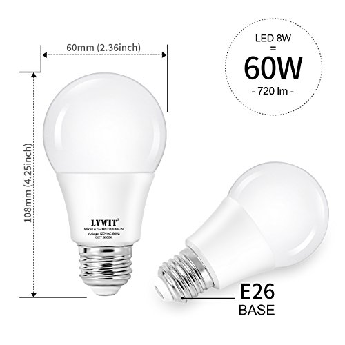 LVWIT A19 LED Light Bulb, 8W (60W Equivalent), 3000K Soft White, Non-dimmable, Medium Screw Base E26, UL-listed, Pack of 6