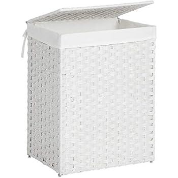 SONGMICS Handwoven Laundry Basket, Synthetic Rattan Clothes Hamper with Lid and Handles, Foldable, Removable Liner Bag, White ULCB51WT