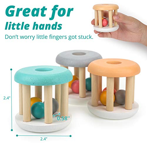 DUCKBOXX XX Wooden Rattle Rollers for Babies Ages 0m – 2yrs (White Base - 3pcs)