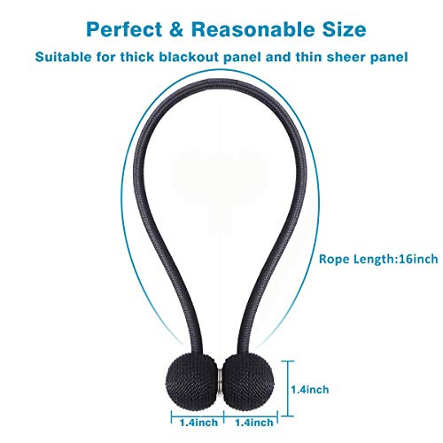 SmallDot Magnetic Curtain Tiebacks, 16 Inch Window Holdbacks Drapes Holders Hooks, Decorative Weave Rope Clips Strong Magnet for Home Office Restaurant Décor, Pack of 2, Black