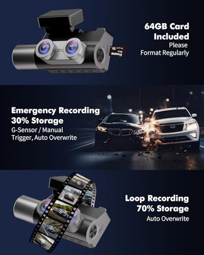 Frvesroe 4K 3 Channel Dash Cam Front and Rear Inside for Uber Taxi, Dual Front Lens, Interior Night Vision, WiFi 6 GPS, 24H Parking Mode, 64GB Card, Heat Resistant Dashcam for Cars (V1)
