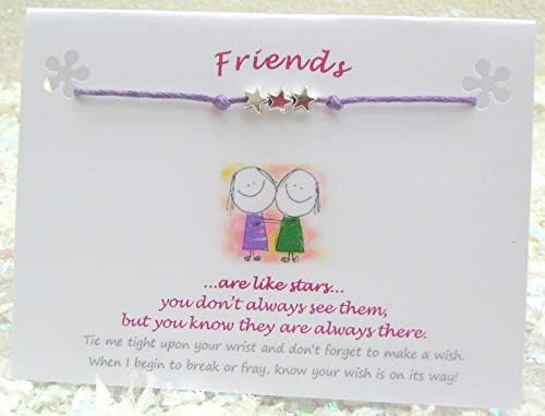 FRIENDS Wish String Bracelet, Tibetan 3 Star Charms & Quote Card (Lilac Cord). A Lovely Token Gift, Keepsake. Ideal For Birthday, Friend, Best Friend, Thank You or Just Because/With Love.