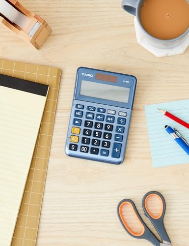 MS-80E - Calculadora de secretária com ecrã extra-grande de 8 dígitos alimentado por energia solar/bateria com cálculo avançado de percentagens, conversão de moeda para euros, azul