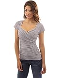 PattyBoutik Women's Cross Front V Neck Ruched Mesh Blouse (Light Gray S)