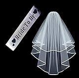 Bachelorette Party Ribbon Veil with Bride To Be Sash / Double Ribbon Edge Center Cascade Bridal Wedding Veil with Comb - Bridal Party Decorations Supplies (Black Text)