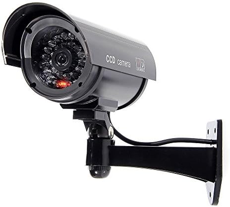 Bullet Dummy Fake Surveillance Security CCTV Dome Camera Indoor Outdoor with one LED Light + Warning Security Alert Sticker Decals (1 Pack, Black)