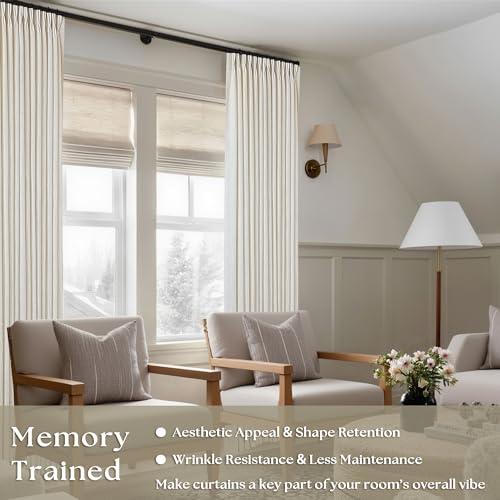 Natural Pinch Pleated Linen Curtains 84 Inch Length 2 Panels for Living Room Bedroom Textured Cream Ivory Birch Semi Sheer Boho Neutral Back Tab Pinch Pleat Hooks Rings Window Curtain 84 Inches Long