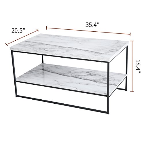 Tilly Lin 2 Tier Faux Marble Coffee Table, Water Resistant Accent Cocktail Table with Lower Storage Shelf, Carrara