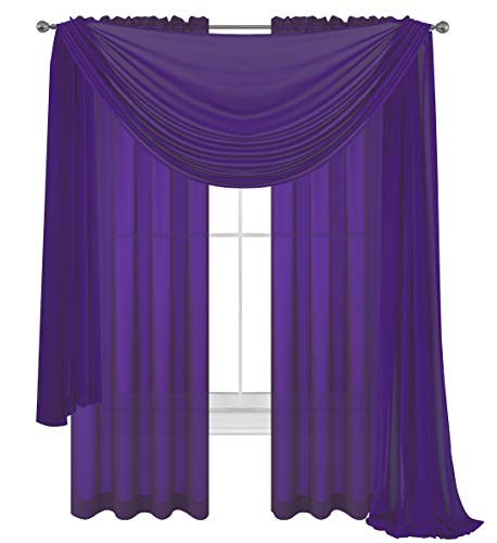 WPM WORLD PRODUCTS MART Drape/Panels/Scarves/Treatment Beautiful Sheer Voile Window Elegance Curtains Scarf for Bedroom & Kitchen Fully Stitched and Hemmed (Dark Purple, 3 Piece Panels+Scarf)