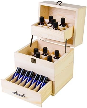 Wooden Essential Oil Box Multi-Tray Organizer - Holds 45 5-15ml Essential Oil Bottles & 14 10ml Roller Bottles (59 Total Essential Oils) by Aroma Designs