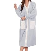 LYCY Womens Plush Robe, Warm Button Up Fluffy Long Bathrobe for Winter | 260 GSM Ultra Soft &amp; Textured Fleece, Soft Fuzzy Loungewear with Pockets &amp; Elastic Cuffs for Spa Shower Home College Dorm