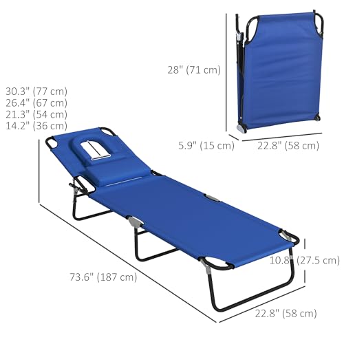 Outsunny Folding Outdoor Lounge Chair Set of 2, Adjustable Patio Chaise Lounge with Face Hole, Reclining Tanning Chair, Folding Camping Beach Lounging Bed w/Head Support, Blue