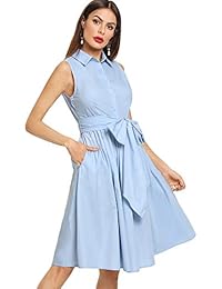 DIDK - Vestido de mujer elegante sin mangas con cuello de cinturón acampanado con bolsillos