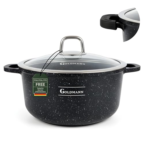 GOLDMANN Cast Aluminium Saucepan 24 cm - 4.5 L Non-Stick Ceramic Marble Look Glass Lid Induction Suitable for All Hobs Oven Safe and PFOA Free