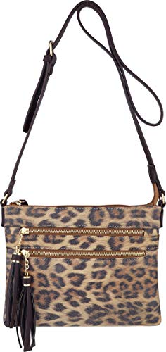 B BRENTANO Vegan Multi-Zipper Crossbody Handbag Purse with Tassel Accents (Leopard Brown) - Thumbnail 2