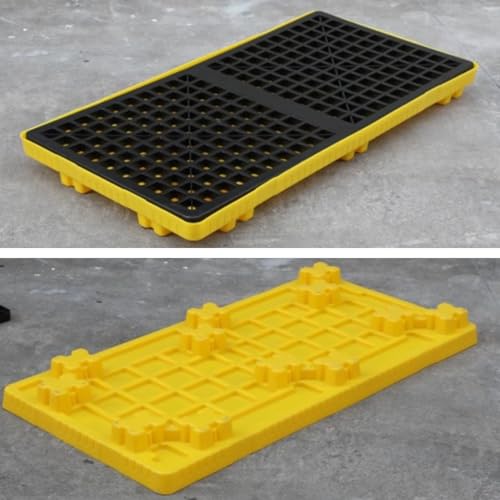 HJZALMI Plataforma Contención Derrames Industrial, Tarima Antiderrames De Plástico 2 Tambos, Bandeja Derrames Modular Paleta Rejilla Y Bolsillos Montacargas,Sumidero De 35L, 47.2x23.6x3.9in