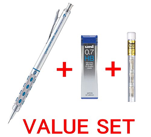 Pentel Graph Gear 1000 Automatic Drafting Pencil, 0.7mm Lead Size, Brushed Metal Barrel/PG1017/ + 4 Refillã€€Erasersã€€ï¼‹ã€€Strength & Deep & Smooth Uni 0.7mm HB Top quality Diamond Infused Leads [Nano Dia-40 Leads] for Professional Value Setã€€(wit