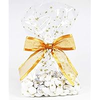 Saybrook Products Gold Stars Cellophane Treat/Party Favor Bags with Twist-Tie Organza Bow. Set of 10 Ready-to-Use, Gusseted 11x5x3 Goodie Bags with Bow. Gold/Clear