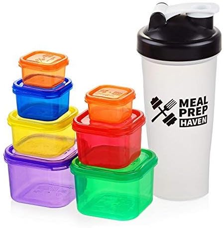 Meal Prep Haven FBA_MP-PC7PCombo-CA 7 Piece Multi-Colored Portion Control Container Kit with Guide and Protein Shaker Bottle