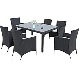 LZ LEISURE ZONE 7-Piece Outdoor Wicker Dining Set - Dining Table Set for 6 - Patio Rattan Furniture Set with Beige Cushion (Black)