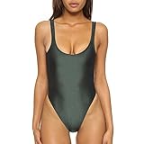 Dixperfect Women's Retro 80s/90s Inspired High Cut Low Back One Piece Swimwear Bathing Suits (L, Army Green)