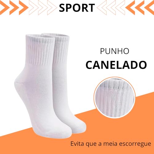Meia Cano Médio Kit 6 Pares Meias Esportiva Branca, Punho Canelado, Adulto Unissex