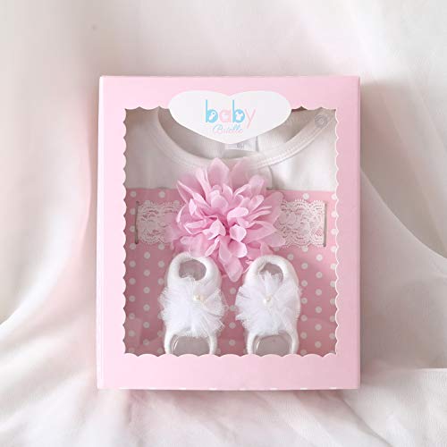 Baby Brielle Layette Onesie with Matching Headband and Socks in Box Registry Must Haves Gift Set for Girls (Pink Lace, 9M)