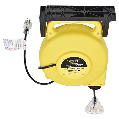 25 Ft Retractable Extension Cord Reel - 2 In 1 Mountable & Portable Power Cord Reel with 3 Electrical Outlets - 14/3 SJTW Heavy Duty Yellow Case and Black Cable With Lighted Power Block