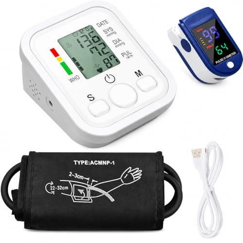 FARMADAR Monitor de Presion Arterial para Brazo con Pantalla LED, Baumanómetro Digital con Pantalla, Deteccion Automática y Precisa de la Presión Sanguínea, Multiples tipos de Medicion Y Oximetro de pulso para dedo. USO FACIL PARA TODA LA FAMILIA