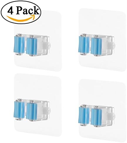 Mop and Broom Holder Seamless Hook 4-Pack Free Punching Wall Mounted High Strength Sticky Durable Kitchen Bathroom Self Adhesive Rack Magic Cup (Blue)