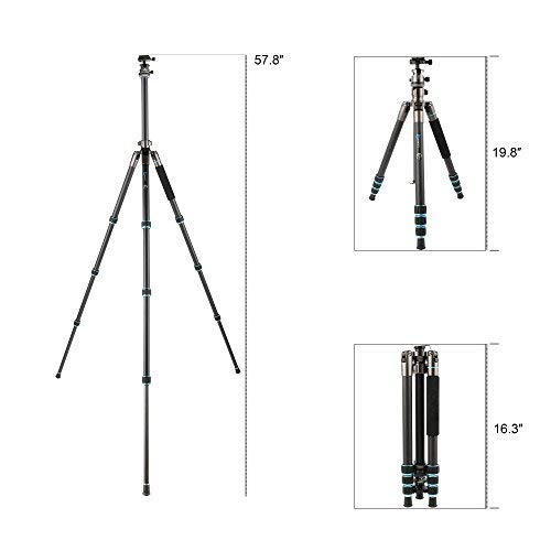 BONFOTO Carbon Fiber 57.6" B674C Lightweight Portable Compact Travel Tripod and Monopod with 360 Degree Ball Head + 1/4" Quick Release Plate + Carry Bag for Canon Nikon Sony DSLR Cameras