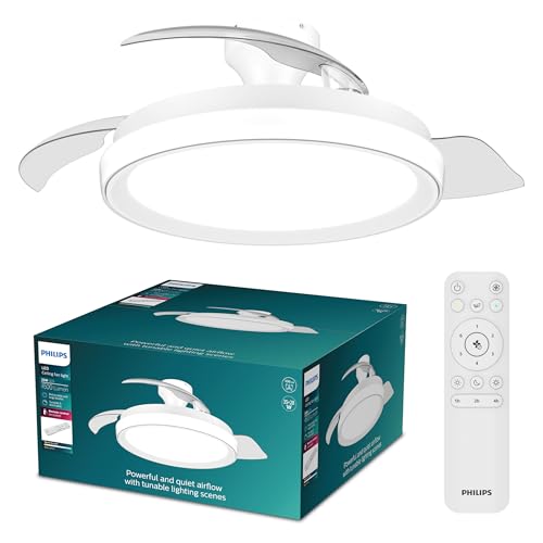 Bliss Lámpara de Techo con Ventilador Aspas Retráctiles LED, 3 Aspas, 106 Cm de Envergadura, 4500 Lúmenes, Luz Blanca Ajustable de 3000 K a 6500 K, Regulable al 5%, Mando a Distancia, Blanco