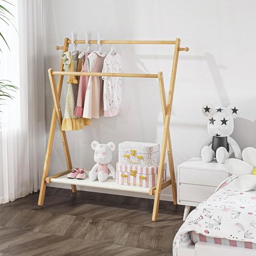 Homodoskey Kids Clothing Rack, Small Clothes Rack for Toddler Pets Dogs Cats, Kids Dress Up Rack with Storage Shelf & Double Rods, Foldable Kids Clothes Rack for Nursery Child's Room