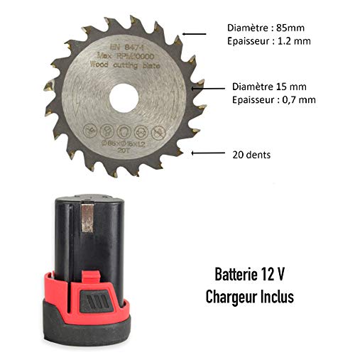 Kabellose Mini-Kreissäge mit Führungsschiene - Wiederaufladbare 12V Batterie - Maximale Schnitttiefe 26mm (90°), 18mm… – Bild 8