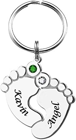 925 Sterling Silver Personalized Baby Feet Keychain with Birthstone Custom Made with Any Names