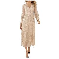 Shimigy Women Fashion Sequin Sparkly Mini Dress Ladies Club Puff Sleeve Evening Cocktail Beige