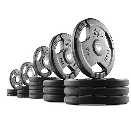 XMark TRI-Grip 370 lb Set Olympic Weights, Premium Rubber Coated Olympic Plates, One-Year Warranty