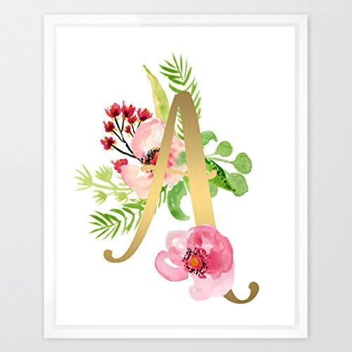 Eleville 8X10 Monogram Letter A Real Gold Foil and Floral Watercolor Art Print(Unframed) Nursery Decor Kids Name Art Motivational Art Inspirational Print Birthday Gift New Baby Print Baby gift WG051