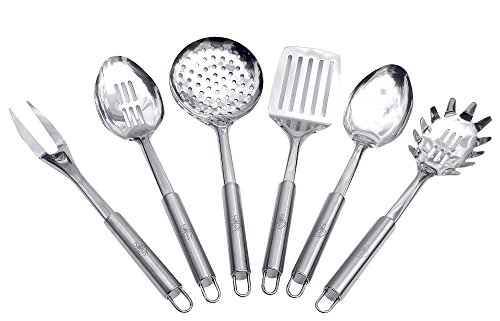 Sofies Cottage Stainless Steel Cooking Utensils - Kitchen Utensils Set of 6, Spoon, Slotted Spoon, Spatula, Fork, Skimmer & Pasta Spoon, Durable Easy Grasp Handles, Easy to Hang, Dishwasher Safe