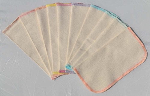 1 Ply Organic Flannel Washable Baby Wipes -10 Pack - Little Wipes (R) - GOTS Certified Flannel - Sewn with Assorted Pastels