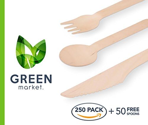 Disposable Wooden Cutlery 300pc set by Green Market, All Natural, Compostable &amp; Eco Friendly Utensils – 100 forks, 100 spoons, 100 knives, 6” Length (Pack of 300). Perfect for party, weddings, picnic.