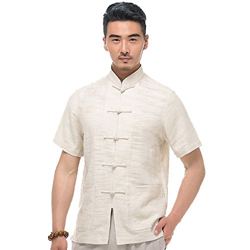 FangNer Mens Ramie Short-sleeved Vertical Collar Shirt Tang Suit
