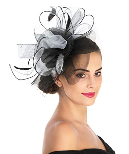 Women's Organza Church Kentucky Derby British Fascinator Bridal Tea Party Wedding Hat Summer Ruffles Cap Detachable as Fascinatorï¼ˆF1-White Black Flowerï¼‰