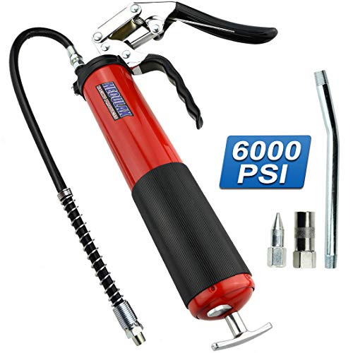 Motovecor Grease Gun 6000 PSI Heavy Duty Professional Pistol Grip 14.5 Oz 400cc - 18 inch Flex Hose … (Red)