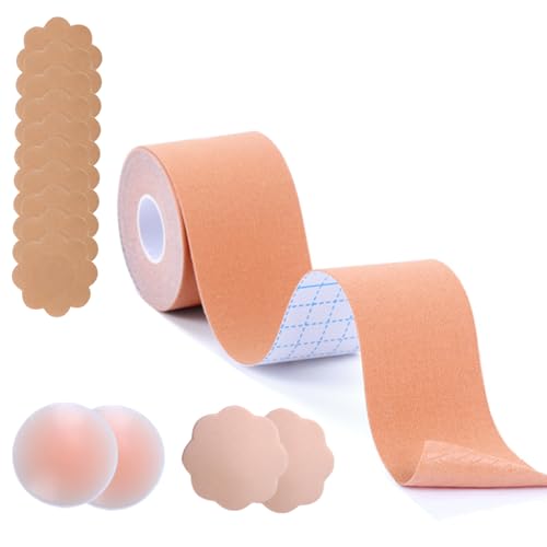 Boob Tape 5m, Pezoneras Adhesivas Invisibles y Reutilizables, Sujetadores Adhesivos Push Up para Mujer, Efecto Levantado y Natural, para Sujetadores sin Espalda, Vendas Sujetadoras para Mujer Copa A-E